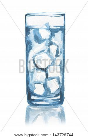 Isolated watercolor glass. Glass of water with ice cubes and splash. Fresh healthy beverage.