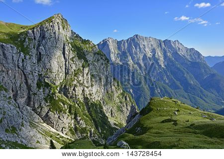 The alpine scenery along the Mangrt Road on Mangrt mountain the third highest peak in Slovenia. The 12km road built by the Italian army in 1938 is the highest road in Slovenia.