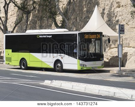 VALLETTA, MALTA - AUGUST 04 2016: Malta Public Transport Bus parked at Bay B4. New buses come with the latest Euro 6 diesel technology.