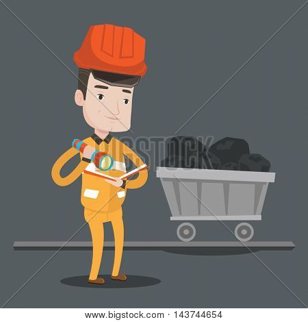 Miner checking documents with the flashlight on the background of trolley with coal. Mine worker in hard hat. Miner in the coal mine. Vector flat design illustration. Square layout.