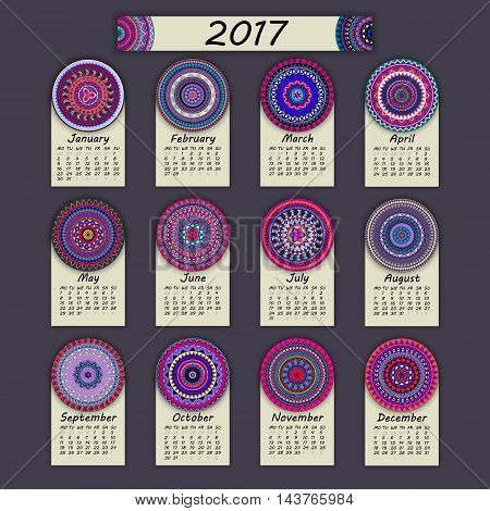 Calendar 2017. Vintage Decorative Colorful Elements. Ornamental Floral Oriental Pattern, Vector Illu