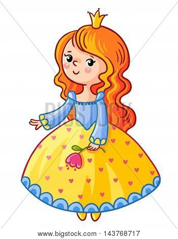 Cute Princess stand on a white background. Girl with a crown and a flower in her hand. Vector illustration of a princess in a cartoon style. Little Queen in the yellow-blue dress.