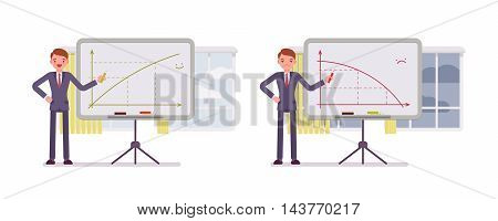 Set of two business scences. A man points to positive and negative charts on the whiteboard. Cartoon vector flat-style concept illustration
