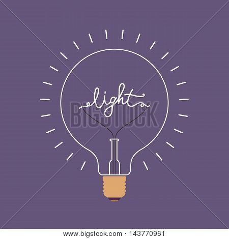 Shining light bulb with a word Light from the metal wire inside. Purple background. Consept cartoon flat-style illustration