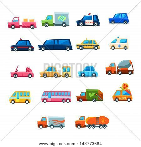 Cute Toy Car Set Of Colorful Icons. Flat Vector Transport Model Collection Of Simple Illustrations Isolated On White Background.