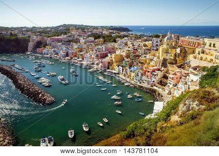 Panorama of Corricella village on Procida island Campania Italy