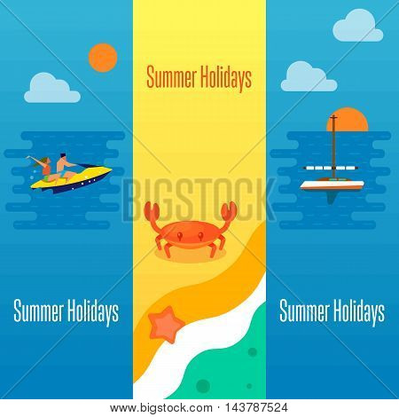 Summer holidays banner vector illustration. Sea crab and starfish on beach. Seascape with yacht, sunset and couple riding jet ski. Boating, beach activities, water ski. Concept of holiday at sea.