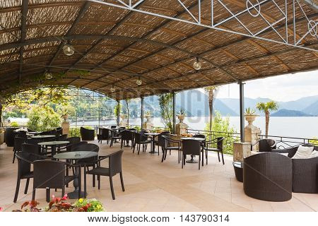 Bellagio Italy - May 06 2016: View of the summer terrace of Grand Hotel Villa Serbelloni at spring time