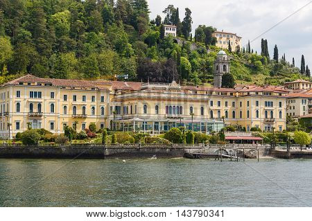 Bellagio Italy - May 06 2016: View from Lake Como at the Grand Hotel Villa Serbelloni spring time