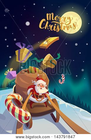 Christmas Card. Santa with the bunch of presents riding on a sleigh at the winter forest. Polar Lights at the background. Merry Christmas Lettering.