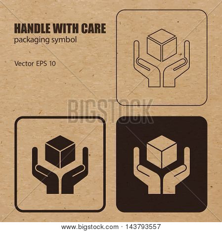 Different appearances of Handle with Care packaging symbol on craft paper background can be used on the box or packaging. Vector EPS 10.