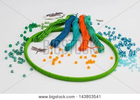 set for making a Dreamcatcher beads thread on a white background