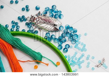 set for making a Dreamcatcher beads thread on a white background