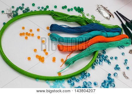 set for making a Dreamcatcher beads thread on a white background