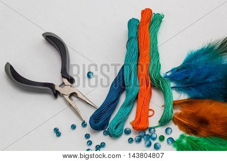 set for making a Dreamcatcher beads thread on a white background