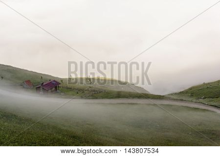 Beautiful nature on plateau with amazing fog