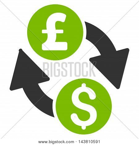 Dollar Pound Exchange icon. Vector style is bicolor flat iconic symbol with rounded angles, eco green and gray colors, white background.