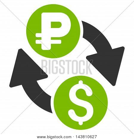 Dollar Rouble Exchange icon. Vector style is bicolor flat iconic symbol with rounded angles, eco green and gray colors, white background.