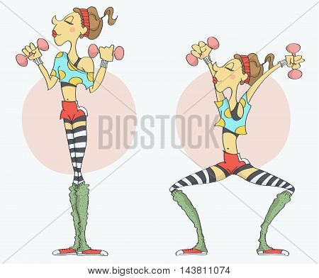 Cartoon of funny, stylish woman with fit body in sporty outfit exercising with dumbbells, two different positions.