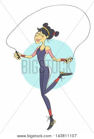 Cartoon of funny, stylish woman with fit body in sporty outfit exercising with jumping rope.