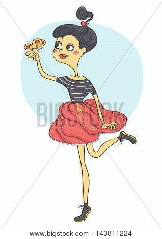 Cute, stylish fashion girl wearing bubble skirt, holding a butterfly, smiling.