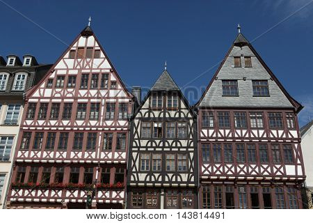 Reconstructed half-timbered houses of the Ostzeile (Eastline) at the Romerberg in Frankfurt am Main, Hesse, Germany.