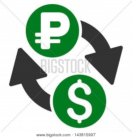 Dollar Rouble Exchange icon. Vector style is bicolor flat iconic symbol with rounded angles, green and gray colors, white background.