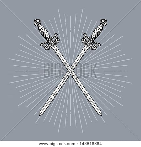 Two crossed ornate hand drawn swords and rays vintage elements. Hipster style. Vector illustration.