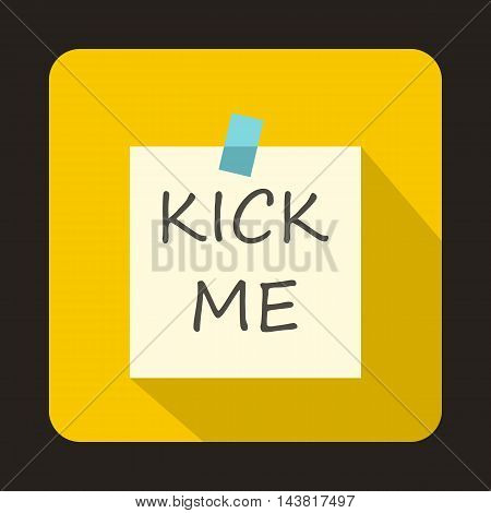 Kick me, april fools day sticker icon in flat style on a yellow background