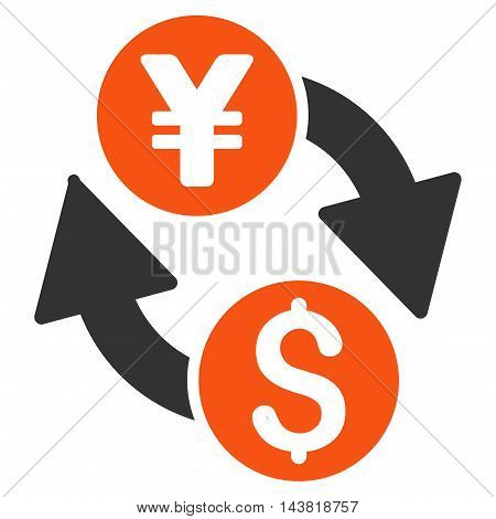 Dollar Yen Exchange icon. Vector style is bicolor flat iconic symbol with rounded angles, orange and gray colors, white background.