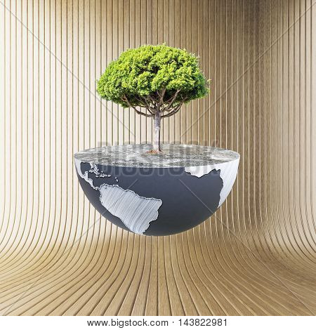 Half a globe with large tree on wooden background. Green earth concept.  3D Rendering