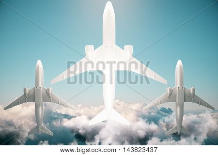 Bottom view of three planes on bright blue sky background with clouds and sunlight. 3D Rendering