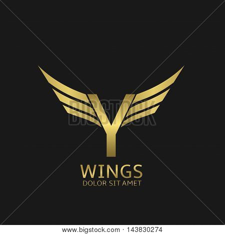 Wings Y letter logo. Golden creative alphabet, air emblem