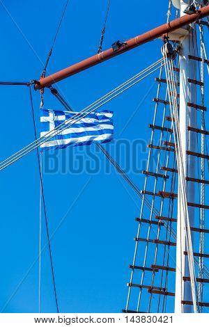 Waving Blue white flag of Greece on boat
