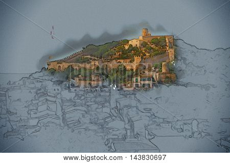 Capdepera castle on green hill in Mallorca island, Spain. Vintage painting, background illustration, beautiful picture, travel texture
