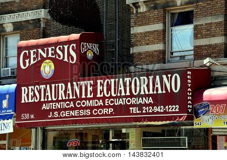 New York City - June 29 2010: An Ecuadorian restaurant with Spanish language sign on West 204th Street in the Inwood section of upper Manhattan