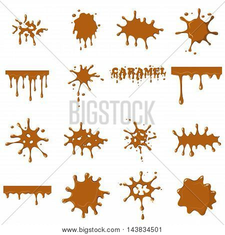 Caramel spot isolated on white background. Light brown caramel leaking set collection vector illustration