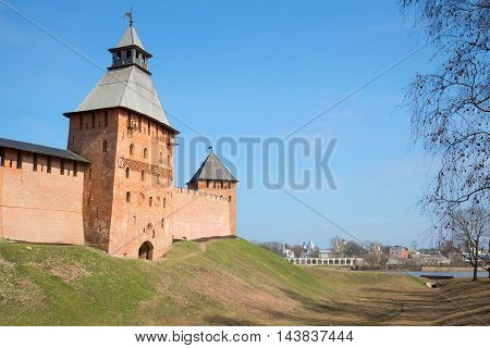 Sunny april day near the walls of ancient Kremlin. The historic centre of Velikiy Novgorod Russia