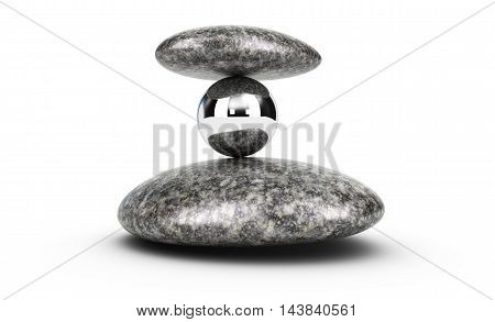3D illustration of two pebbles and a metal sphere stacked over white background. concept of challenge and self control.