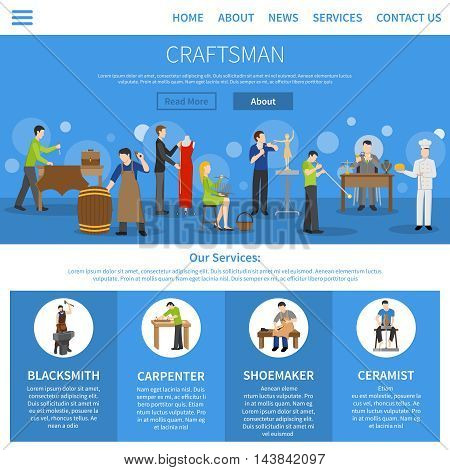One flat craftsman internet page describing services of blacksmith carpenter shoemaker ceramist and people of other professions vector illustration