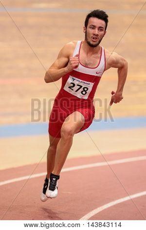 VIENNA, AUSTRIA - JANUARY 31, 2015: Altintas Batuhan (#278 Turkey) competes in the men's 400m event during an indoor track and field event.