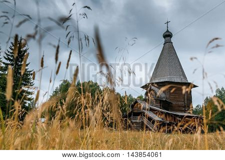 Ancient orthodox church, oat field, northern Russia.