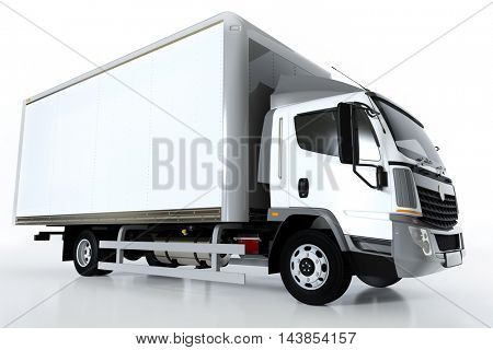 Commercial cargo delivery truck with blank white trailer. Isolated, generic, brandless vehicle design. 3D rendering