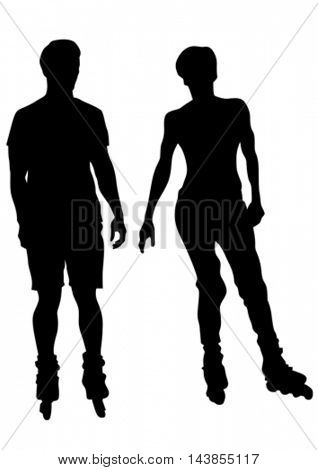Silhouette of boy and girl on roller skates on white background
