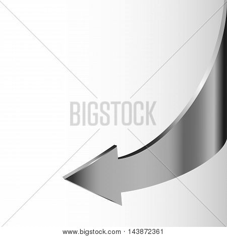 Silver metal arrow points backward and white background. Symbol of motion