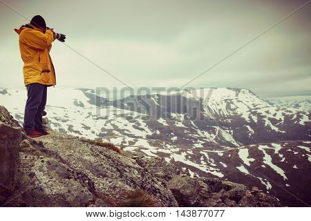Tourist Taking Photo From Dalsnibba Viewpoint Norway