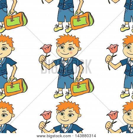 Seamless Pattern With A Student Of The First Class Boy. Vector Illustration