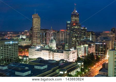 Indiananpolis Indiana USA- Auugust 15 2016. View of Indiana State House state capitol building of the US state of Indiana; with high rise buildings in background.