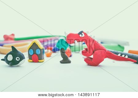 Creative Dinosaur, Whale, House And Tree Clay Model. Play Dough Animal. Vintage Tone Effect.