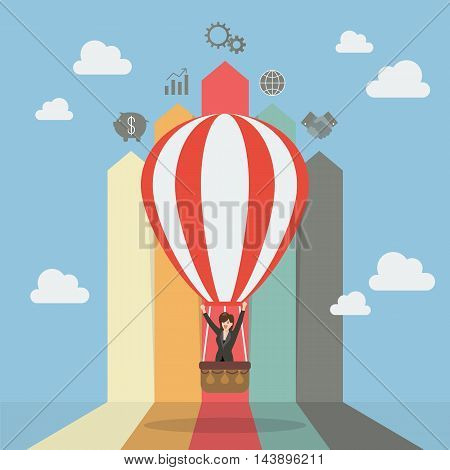 Business woman on hot air balloon with arrow bar chart. Business concept